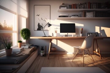 A minimalist workspace bathed in warm, indirect sunlight, showcasing a sleek desk, ergonomic chair, and tidy shelves devoid of clutter.