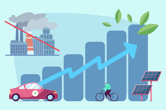 Diagram with growing green energy. Vector illustration of electric machine, solar panels, plant with emissions, man riding bike. Reducing CO2 emissions, greenhouse effect, climate change concept