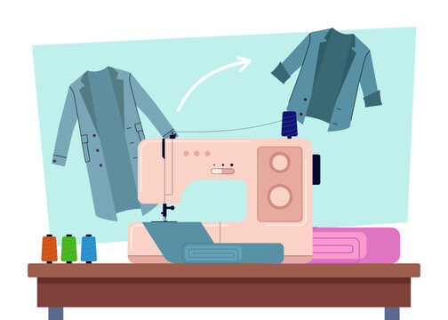 Sewing machine and colorful threads vector illustration. Old coat and new jacket on background. Remaking old clothes into new ones. Sewing, fashion concept