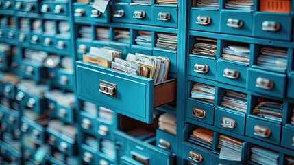 a view of blue wooden drawers  files in an office, for projects related to corporate organization, administrative tasks, and the importance of a well-managed office environment - obrazy, fototapety, plakaty