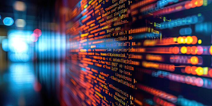 Close up computer screen with Programming code abstract technology background, software developer ,technology, data analysis, finance, and digital information concepts.Computer script