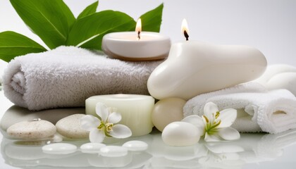 A spa setting with candles, flowers, and towels
