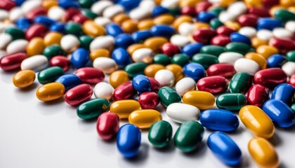 Fototapeta na wymiar A pile of colorful pills on a white surface