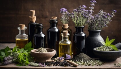 Obraz na płótnie Canvas A variety of herbs and oils on a table
