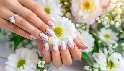 Fototapeta premium Nail Garden Delight: Woman's Hands Blossoming with Spring Flowers