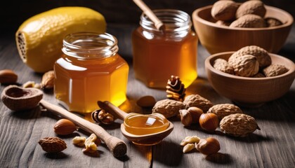 A wooden table with a jar of honey, nuts, and a lemon