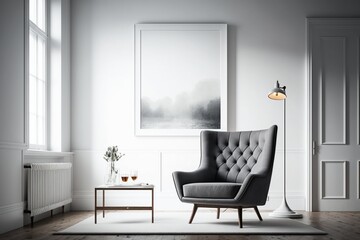 Contemporary living room with an armchair placed against an empty white wall. The absence of distractions emphasizes the modern and minimalistic style.