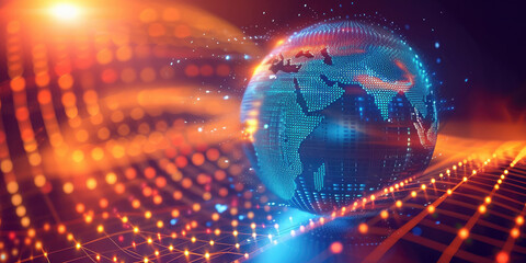 earth Globe with glowing blue and orange background suitable for global futuristic technology, travel, business, education, and communication concepts.