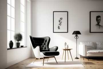 Contemporary living room with an armchair placed against an empty white wall. The absence of distractions emphasizes the modern and minimalistic style. - obrazy, fototapety, plakaty