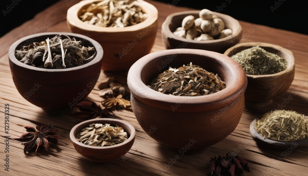 Poster A wooden table with various bowls and cups containing spices and herbs