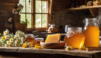 A table with honey, flowers and jars - obrazy, fototapety, plakaty