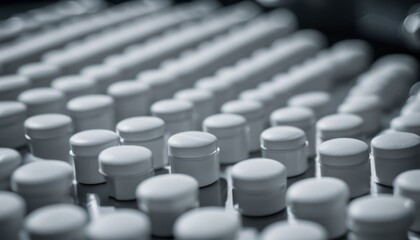 A large number of white pills are arranged in rows