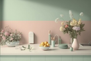 Minimal kitchen with soft pastel-colored walls, featuring a pristine white countertop adorned with fresh flowers. Graphic background enhances the elegance.