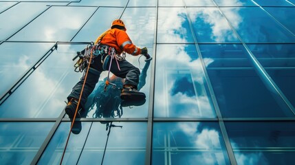 High-altitude window cleaner working on a skyscraper's exterior