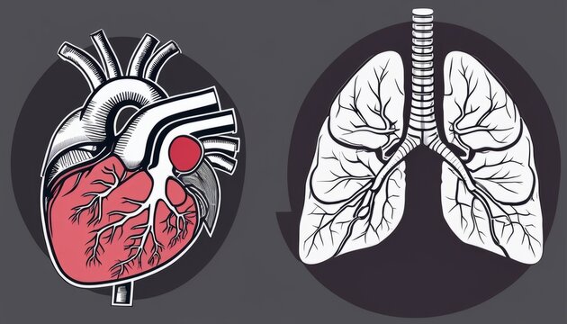 Two black and white diagrams of a heart and lungs