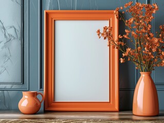 Empty Orange Wooden Photo Frame with Minimalist Interior Decoration. Simple and elegant glass flower vase. Ai Generated