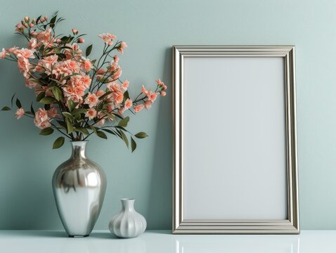 silver picture frame mockup with flower vase 