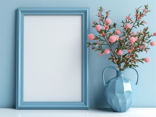 Blank Blue Photo Frame Mock up with flower decoration in a simple minimalist vase mounted on a blue wall.