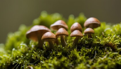 A group of mushrooms growing on a mossy tree branch