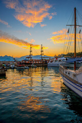 Naklejka premium Panoramic view of harbor in Antalya Kaleici Old Town. Port and boats . Antalya, Turkey