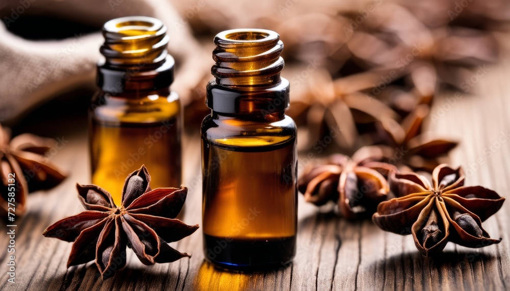 Poster A bottle of essential oil with star anise next to it