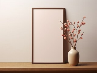 Mock up brown wooden frame in minimalist home decoration with blossom vase. Template blank brown wooden picture frame. 