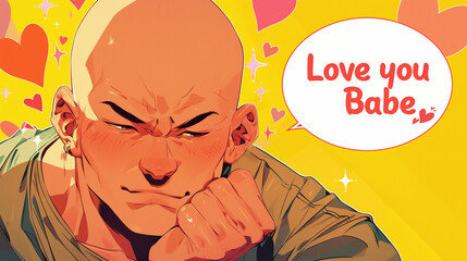 Bald, Love you Babe, bald guy, Anime, Valentine's Day, bald guy says love, love bald guy, love bald lady, Chemotherapy, Cancer, bald love, Speech bubble anime