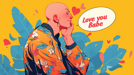 Obraz na płótnie Canvas Bald, Love you Babe, bald guy, Anime, Valentine's Day, bald guy says love, love bald guy, love bald lady, Chemotherapy, Cancer, bald love, Speech bubble anime