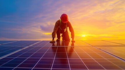 Electrical engineer in helmet and uniform working on rooftop with solar panels against sunset sky. A man wearing a hat installs solar panels, generating light, natural energy.