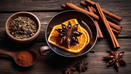 Obraz na płótnie Canvas A wooden table with a bowl of oranges, cinnamon, and cinnamon sticks