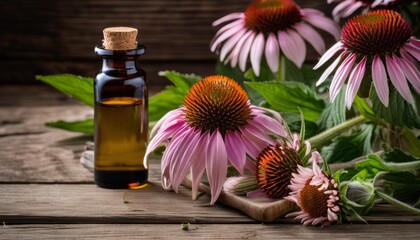 Bottle of oil next to flowers