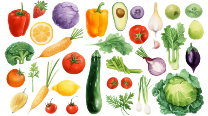 Watercolor painted hand-drawn collection vegetables and fruits. design elements: greenery, leaves, corn, wheat, tomato, potato, leaves, stalks, Broccoli, carrot, pepper, garlic transparent background