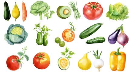 Watercolor painted hand-drawn collection vegetables and fruits. design elements: greenery, leaves, corn, wheat, tomato, potato, leaves, stalks, Broccoli, carrot, pepper, garlic transparent background