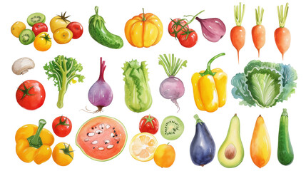 Watercolor painted hand-drawn collection vegetables and fruits. design elements: greenery, leaves, corn, wheat, tomato, potato, leaves, stalks, Broccoli, carrot, pepper, garlic transparent background