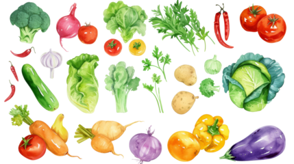 Watercolor painted hand-drawn collection vegetables and fruits. design elements: greenery, leaves, corn, wheat, tomato, potato, leaves, stalks, Broccoli, carrot, pepper, garlic transparent background