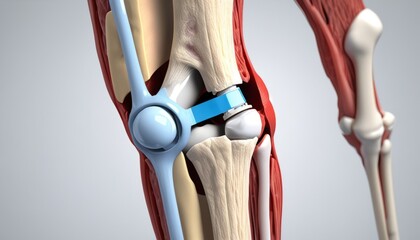 A 3D rendering of a knee with a blue brace
