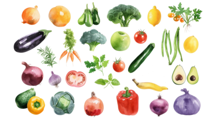 Watercolor painted hand-drawn collection vegetables and fruits. design elements: greenery, leaves, corn, wheat, tomato, potato, leaves, stalks, Broccoli, carrot, pepper, garlic transparent background