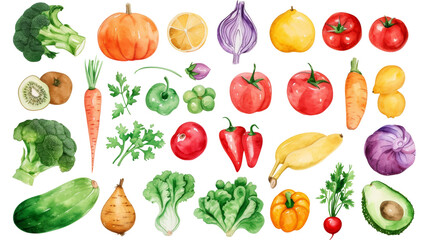 Watercolor painted hand-drawn collection vegetables and fruits. design elements: greenery, leaves, corn, wheat, tomato, potato, leaves, stalks, Broccoli, carrot, pepper, garlic transparent background