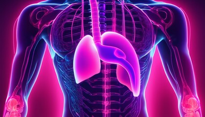 A 3D image of a man's torso with a purple ribcage and lungs
