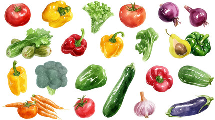 Watercolor painted hand-drawn collection vegetables and fruits. design elements: greenery, leaves, corn, wheat, tomato, potato, leaves, stalks, Broccoli, carrot, pepper, garlic transparent background