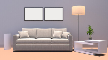 Modern beige fabric sofa with wall photo mockup frame background and room lamp. High quality images resulting from 3D rendering.