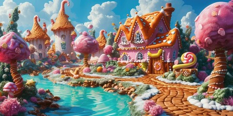 A whimsical and colorful candy village with houses made of confectionery delights and a river flowing with liquid sweetness. Resplendent.