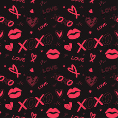 Red love heart xoxo seamless pattern hand-drawn illustration. Cute romantic chaotic and sexy hearts on a black background. Valentine's Day holiday backdrop vector.  Print on textile. Wrapping paper