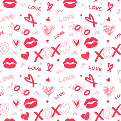 Red love heart xoxo seamless pattern hand-drawn illustration. Cute romantic chaotic and sexy hearts on a white background. Valentine's Day holiday backdrop vector.  Print on textile. Wrapping paper