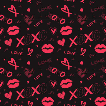Red love heart xoxo seamless pattern hand-drawn illustration. Cute romantic chaotic and sexy hearts on a black background. Valentine's Day holiday backdrop vector.  Print on textile. Wrapping paper