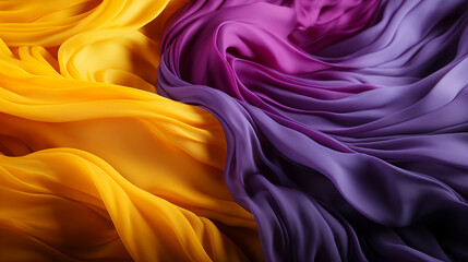 Obraz premium Yellow and purple silk fabrics intertwine gracefully, their non-woven textures soft to touch. A harmonious blend of hues creates a visually enchanting display, embodying elegance and tactile allure.