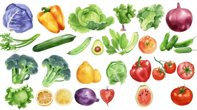 Watercolor painted hand-drawn collection vegetables and fruits. design elements: greenery, leaves, corn, wheat, tomato, potato, leaves, stalks, Broccoli, carrot, pepper, garlic transparent background