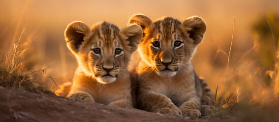 Two cute cubs seen sitting in field Two cute lion cube flat grass of the savannah created.