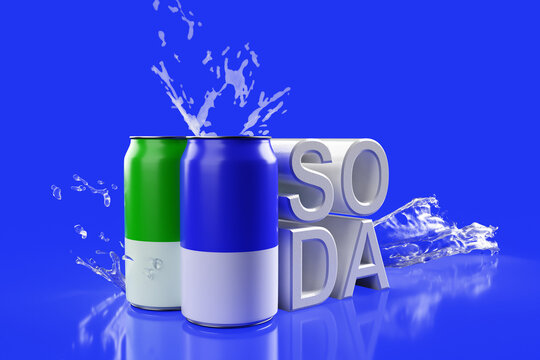 Blue and green aluminum drink cans with squirting water in the background. High quality images resulting from 3D rendering..​