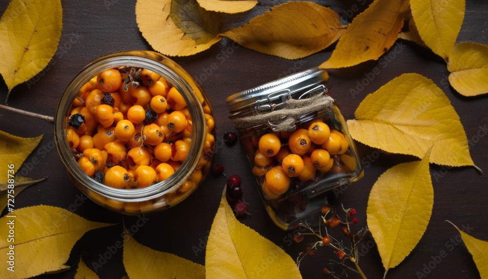 Poster A jar of fruit sits on a table with leaves